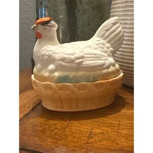 Vintage (1950-1970) Bisque style ceramic hen on nest